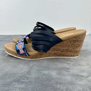 TEVA Sandals Women’s Arrabelle Navy Blue Cork Wedge Slide Aztec Print Size 8.5